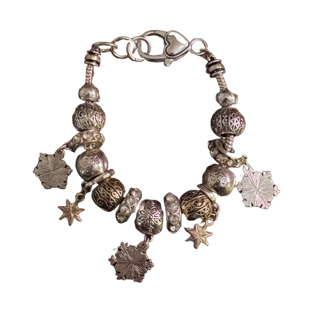 Silver Beaded Bracelet with Snowflake Charms